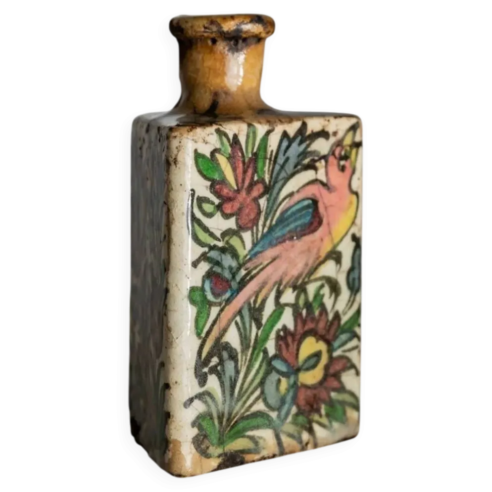 Bouteille en terre cuite multicolore de la dynastie Qajar en Iran, 19e siècle – Peinte à la main, pièce décorative unique
