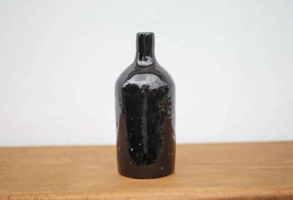 Bouteille en terre cuite vernissée bleu cobalt vintage, bouteille décorative