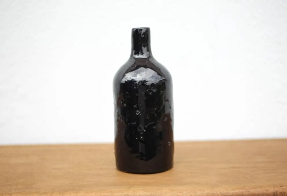 Bouteille en terre cuite vernissée bleu cobalt vintage, bouteille décorative