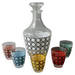 1 bouteille et ses 5 verres, décor cannage, années 70, France