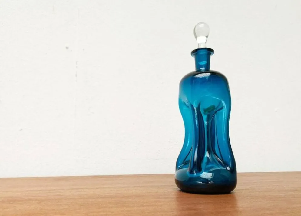 Bouteille Kluk Kluk en verre bleu danois vintage de Holmegaard, années 1970