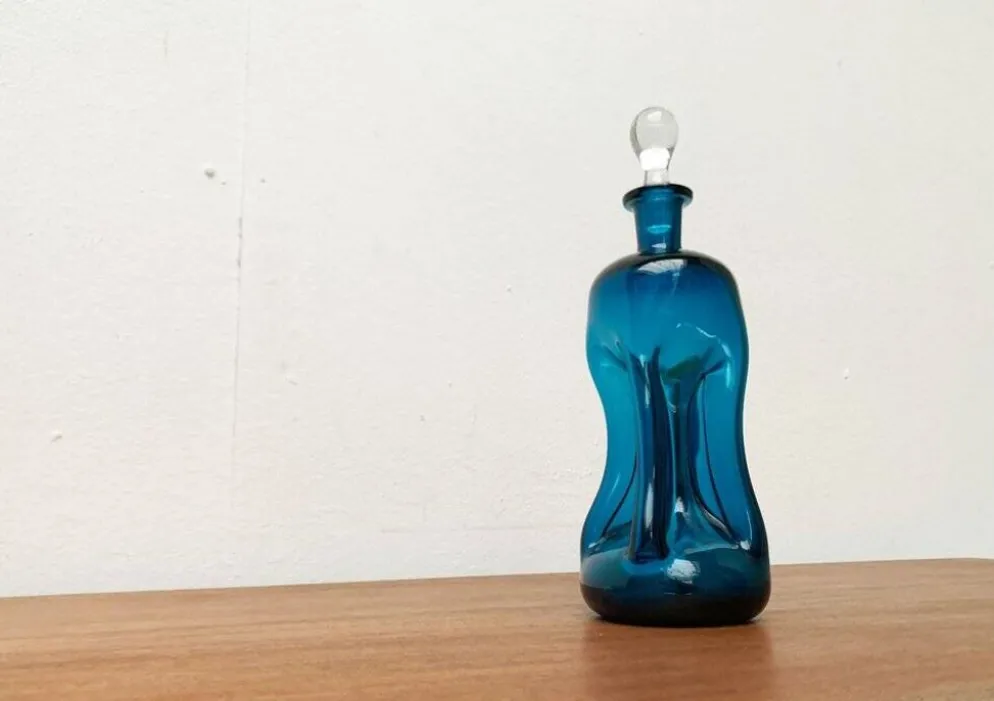 Bouteille Kluk Kluk en verre bleu danois vintage de Holmegaard, années 1970