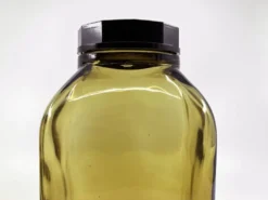 3 bouteilles de pharmacie en verre ambré moulé • bouchons bakélite • 1950