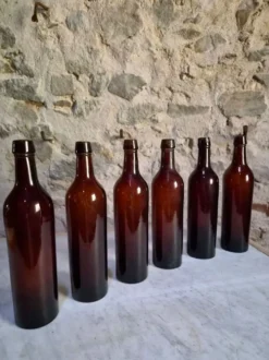 6 bouteilles de vin bordelaises anciennes en verre rubis-brun, France XIXe siècle