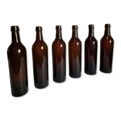 6 bouteilles de vin bordelaises anciennes en verre rubis-brun, France XIXe siècle