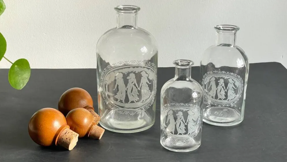 BOUTEILLES Verre Gravé et Bois VINTAGE