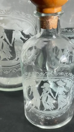 BOUTEILLES Verre Gravé et Bois VINTAGE