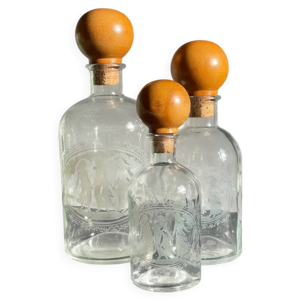 BOUTEILLES Verre Gravé et Bois VINTAGE