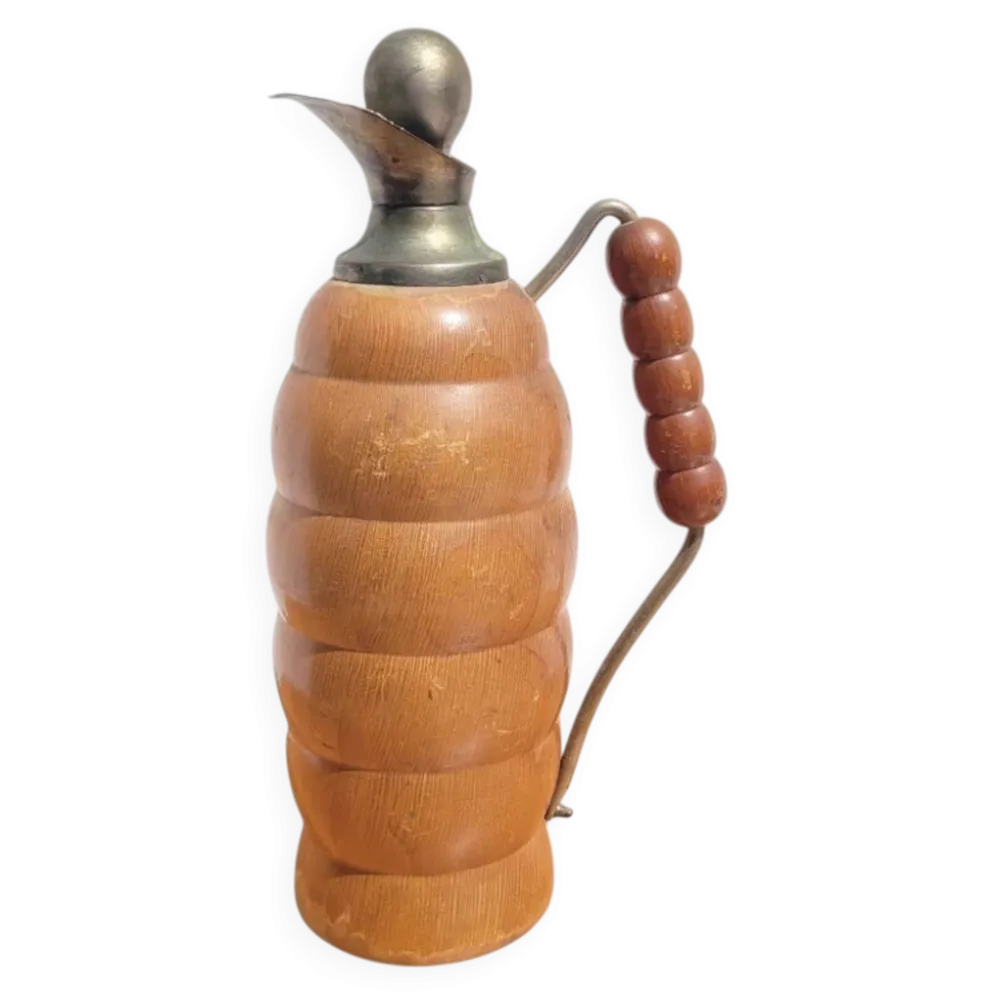 Bouteille thermos vintage en bois tourné signée T. Ergök