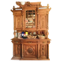 Buffet ancien, 2 corps en chêne massif style Henri II, vitrine en verre biseauté