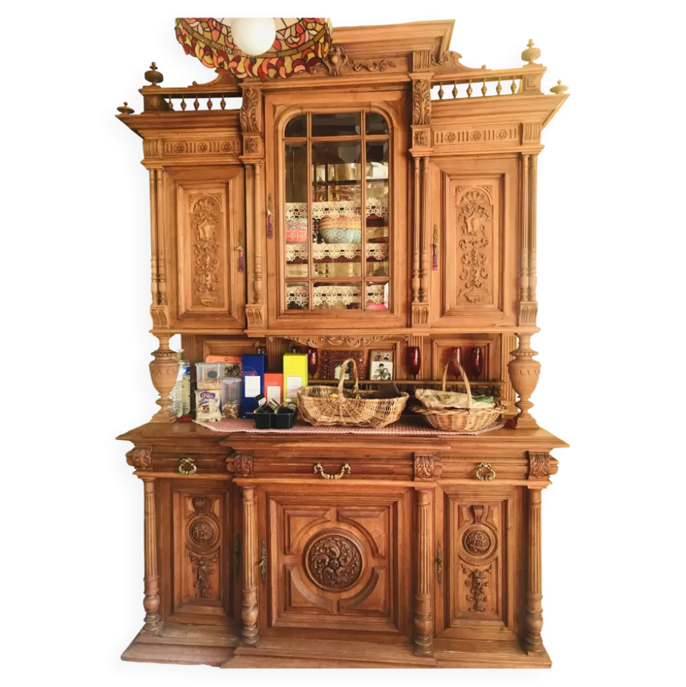 Buffet ancien, 2 corps en chêne massif style Henri II, vitrine en verre biseauté