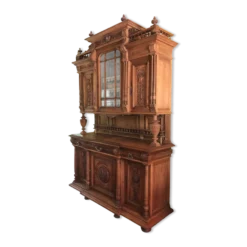 Buffet ancien, 2 corps en chêne massif style Henri II, vitrine en verre biseauté