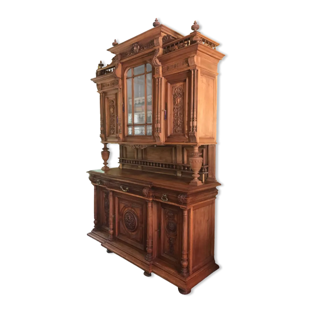 Buffet ancien, 2 corps en chêne massif style Henri II, vitrine en verre biseauté