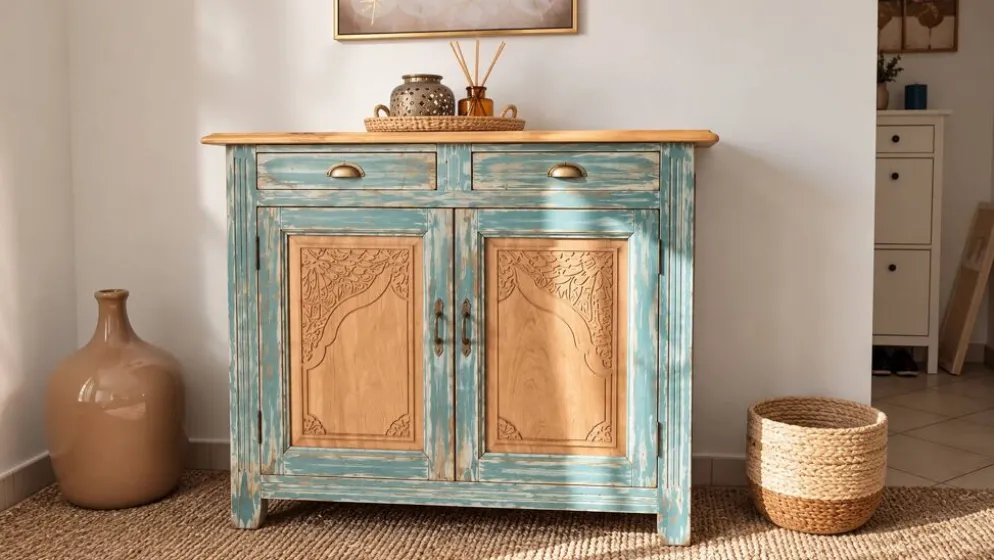 Buffet ancien en bois patiné bleu vert – 2 portes, 2 tiroirs