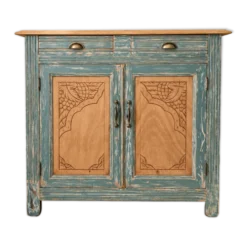 Buffet ancien en bois patiné bleu vert – 2 portes, 2 tiroirs