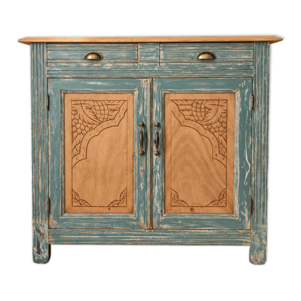 Buffet ancien en bois patiné bleu vert – 2 portes, 2 tiroirs