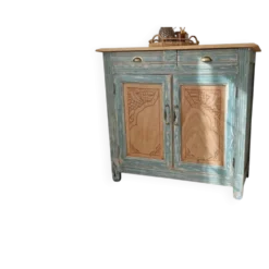 Buffet ancien en bois patiné bleu vert – 2 portes, 2 tiroirs