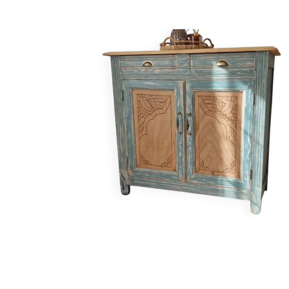 Buffet ancien en bois patiné bleu vert – 2 portes, 2 tiroirs