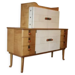 Buffet art déco en érable, cuir et verre, Laszlo Hoenig, Londres années 1940.