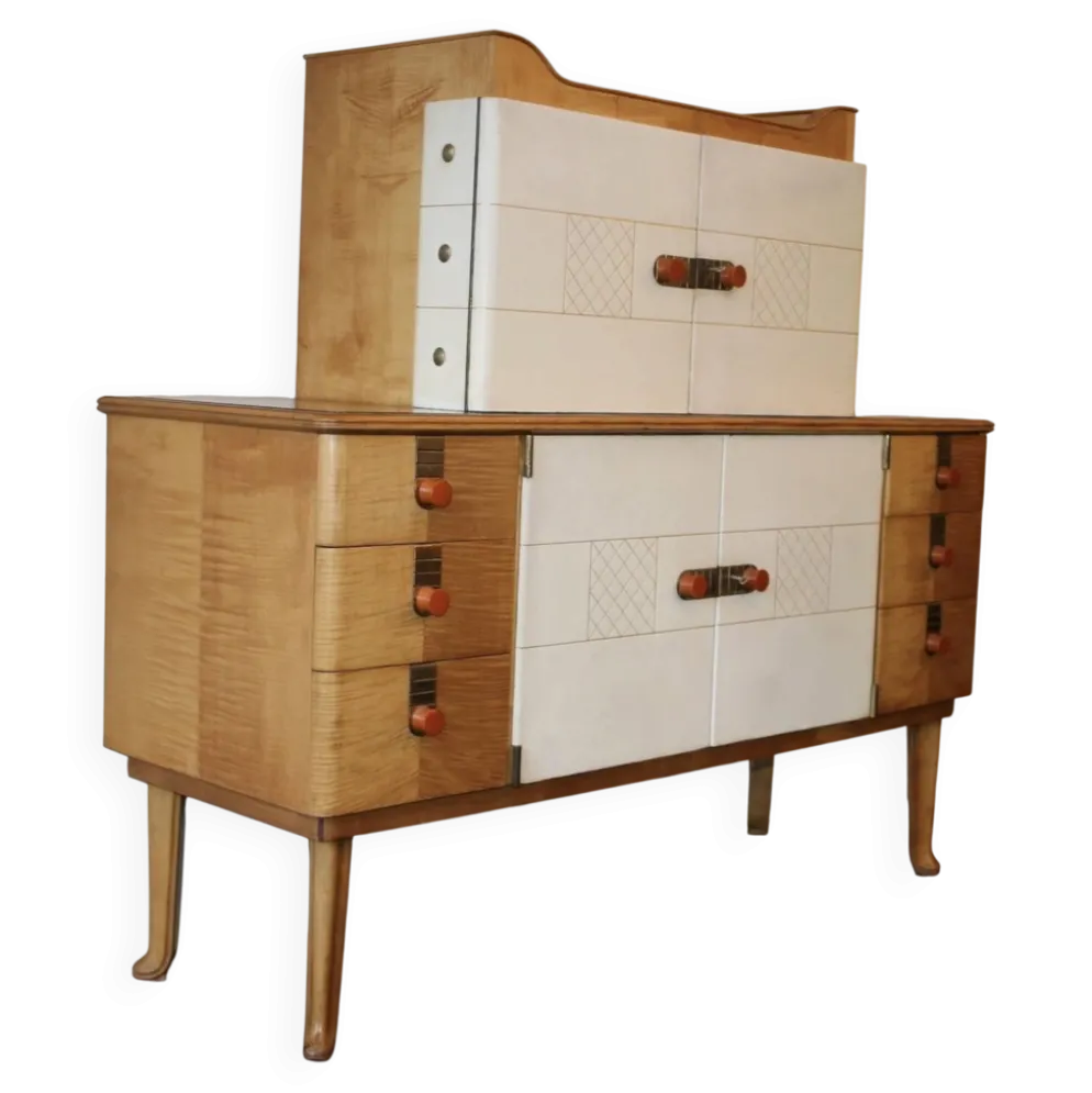 Buffet art déco en érable, cuir et verre, Laszlo Hoenig, Londres années 1940.