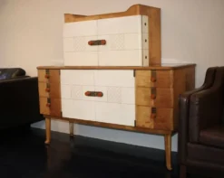 Buffet art déco en érable, cuir et verre, Laszlo Hoenig, Londres années 1940.