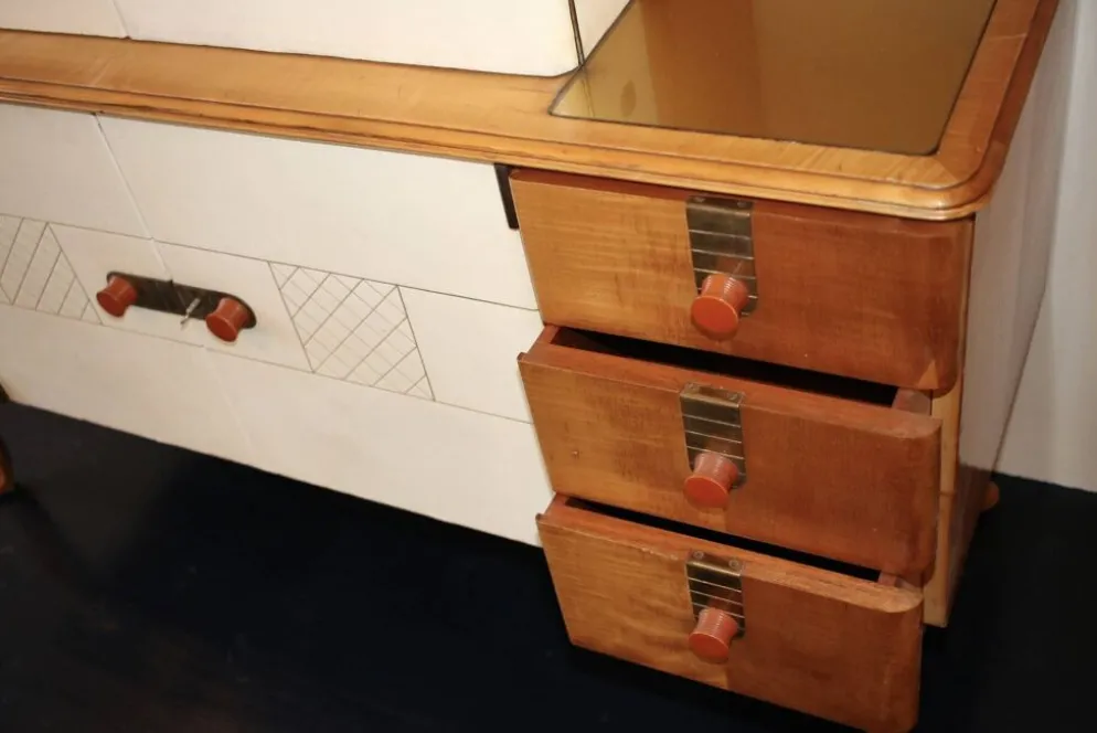 Buffet art déco en érable, cuir et verre, Laszlo Hoenig, Londres années 1940.