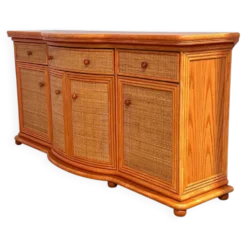 Buffet courbé vintage en rotin et bois orange, années 1980