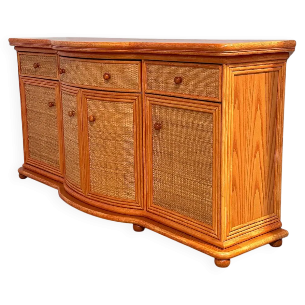 Buffet courbé vintage en rotin et bois orange, années 1980