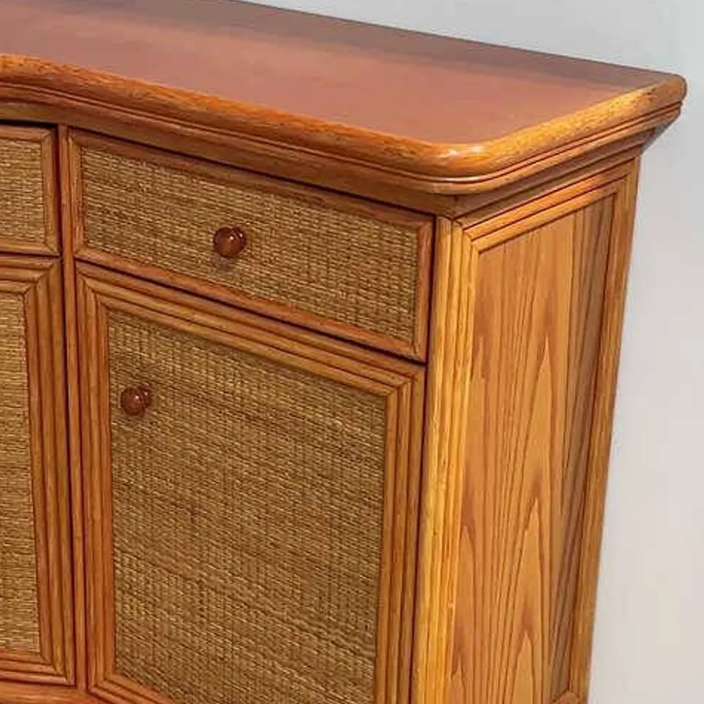 Buffet courbé vintage en rotin et bois orange, années 1980