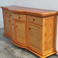 Buffet courbé vintage en rotin et bois orange, années 1980