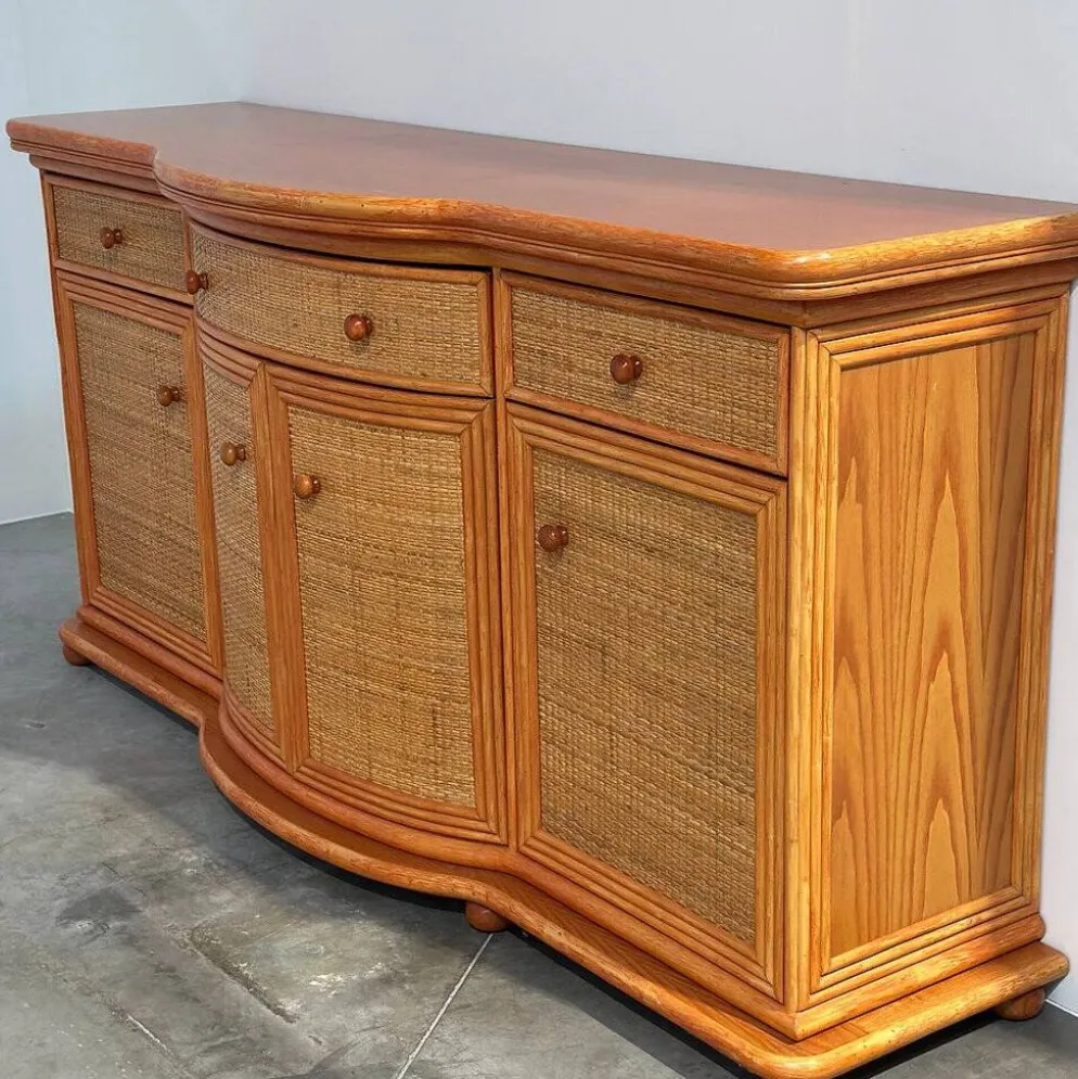 Buffet courbé vintage en rotin et bois orange, années 1980
