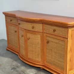 Buffet courbé vintage en rotin et bois orange, années 1980