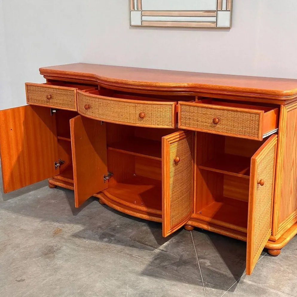 Buffet courbé vintage en rotin et bois orange, années 1980