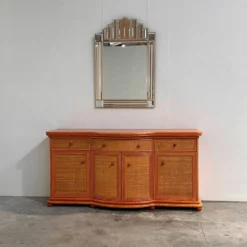 Buffet courbé vintage en rotin et bois orange, années 1980