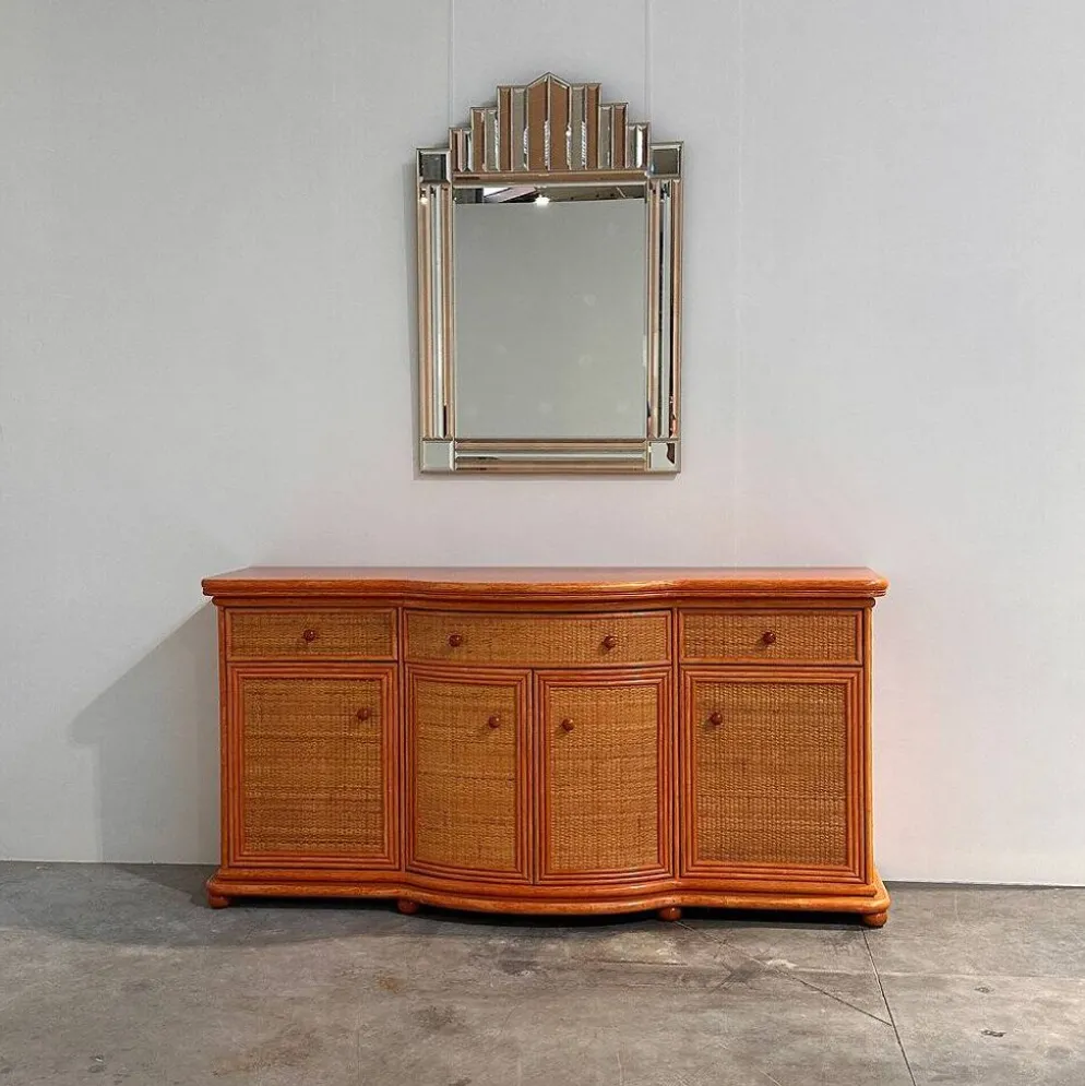 Buffet courbé vintage en rotin et bois orange, années 1980