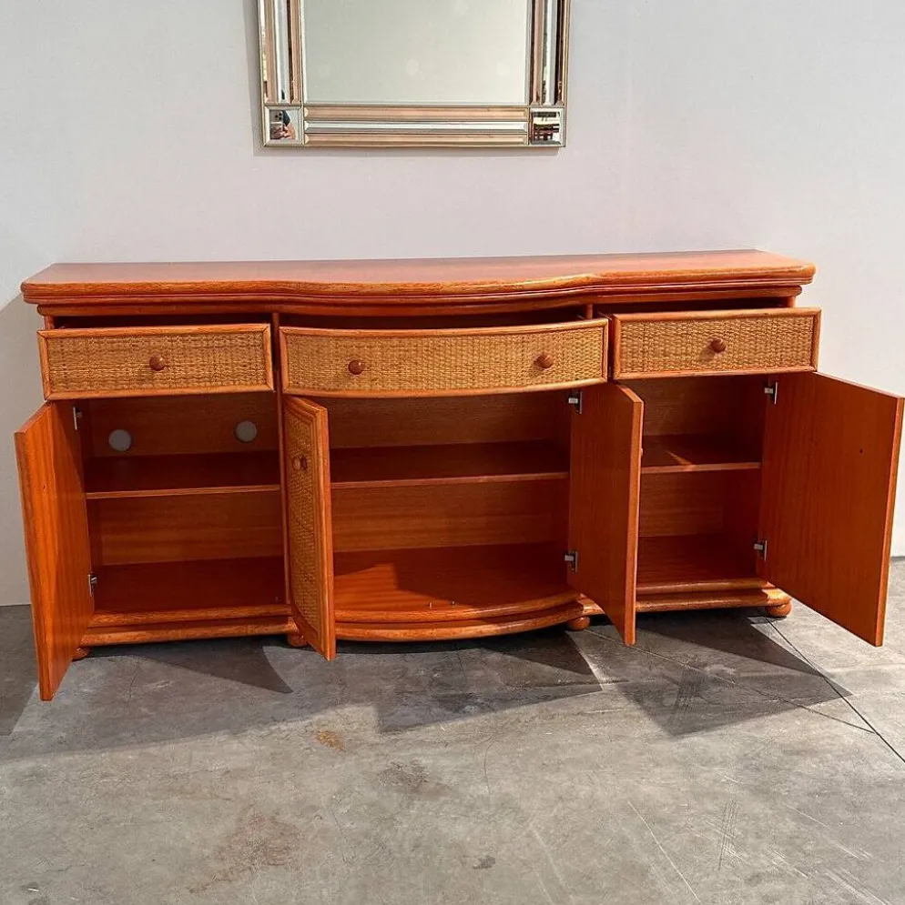 Buffet courbé vintage en rotin et bois orange, années 1980