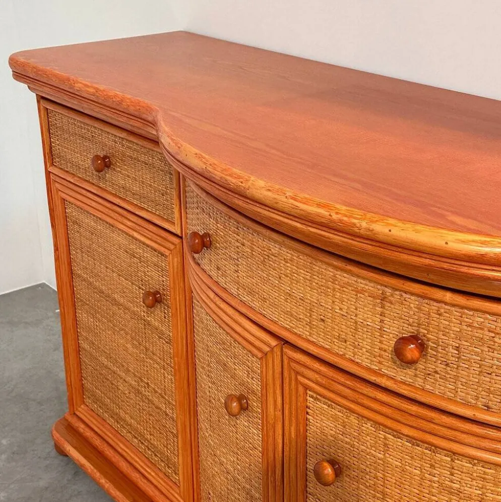 Buffet courbé vintage en rotin et bois orange, années 1980