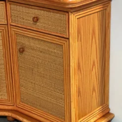 Buffet courbé vintage en rotin et bois orange, années 1980