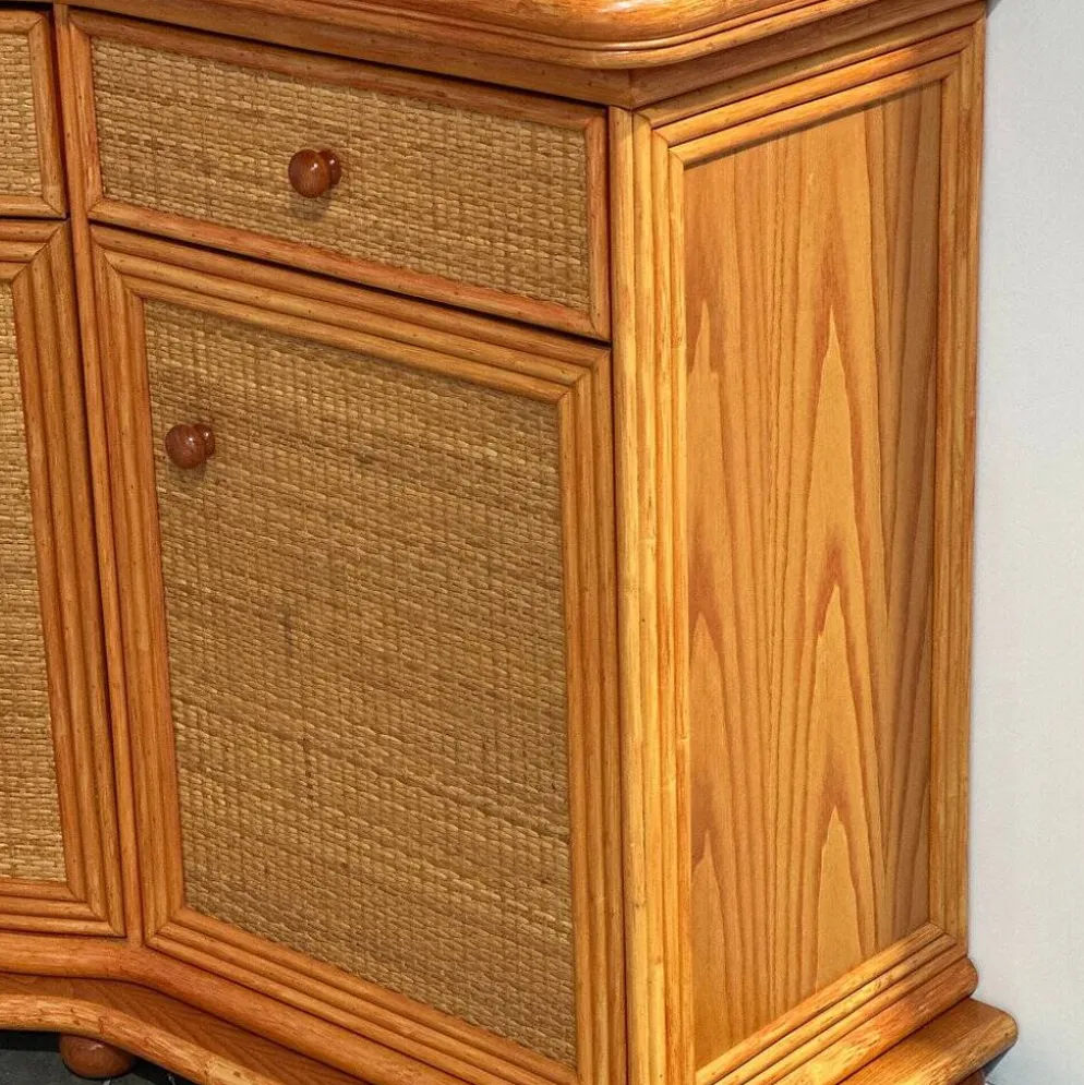 Buffet courbé vintage en rotin et bois orange, années 1980