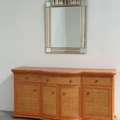 Buffet courbé vintage en rotin et bois orange, années 1980