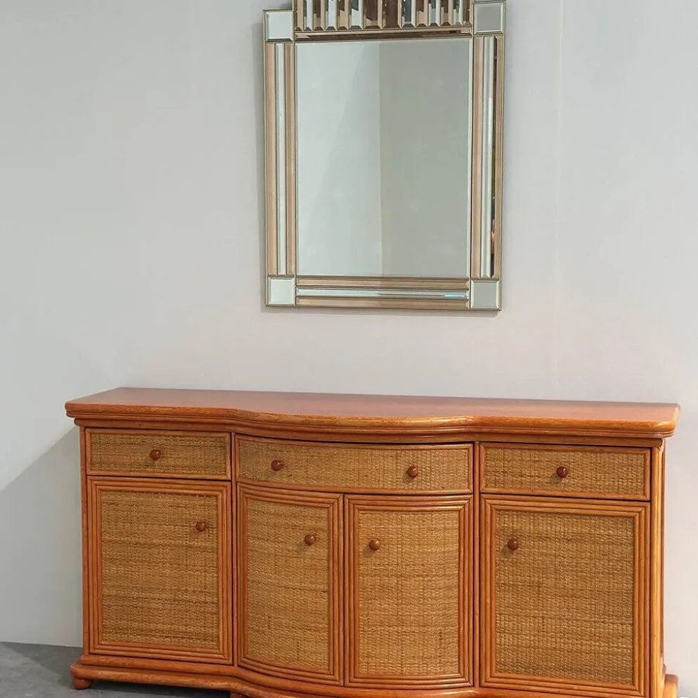 Buffet courbé vintage en rotin et bois orange, années 1980