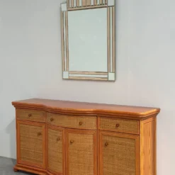 Buffet courbé vintage en rotin et bois orange, années 1980