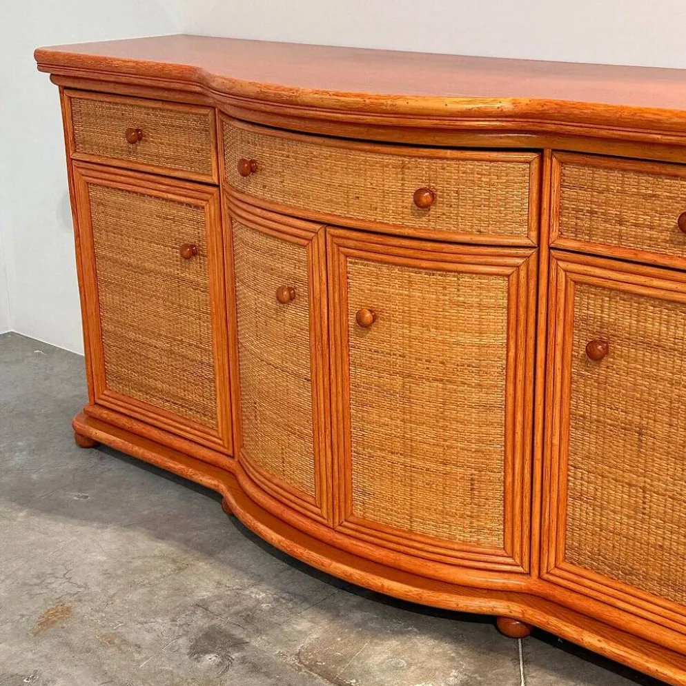 Buffet courbé vintage en rotin et bois orange, années 1980