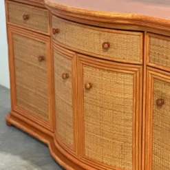 Buffet courbé vintage en rotin et bois orange, années 1980
