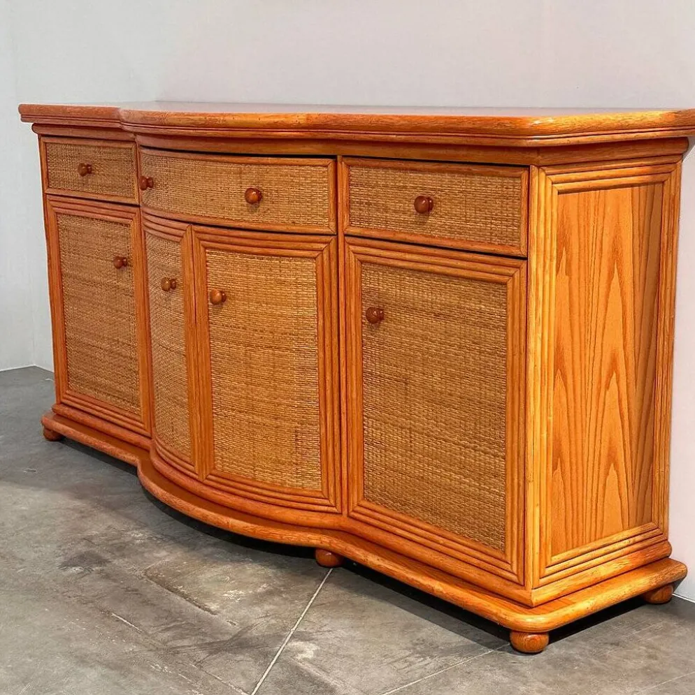 Buffet courbé vintage en rotin et bois orange, années 1980