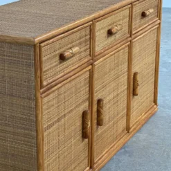 Buffet / crédence vintage en rotin et bambou, années 1970