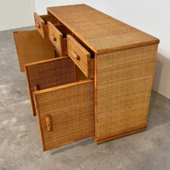 Buffet / crédence vintage en rotin et bambou, années 1970