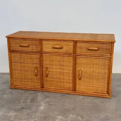 Buffet / crédence vintage en rotin et bambou, années 1970