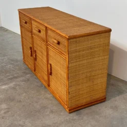 Buffet / crédence vintage en rotin et bambou, années 1970