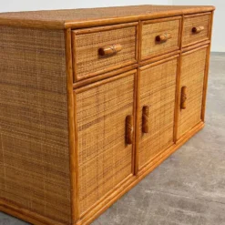Buffet / crédence vintage en rotin et bambou, années 1970